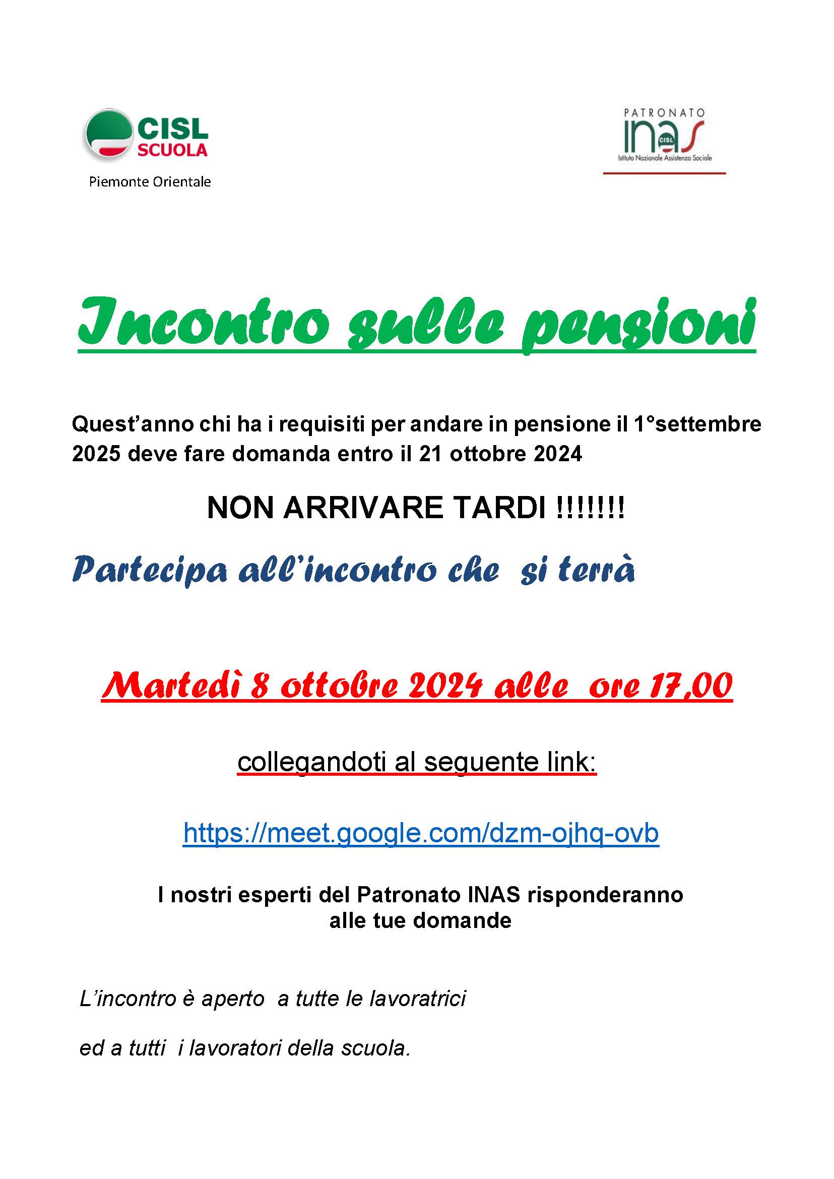 Incontro informativo sulle PENSIONI con INAS CISL SCUOLA